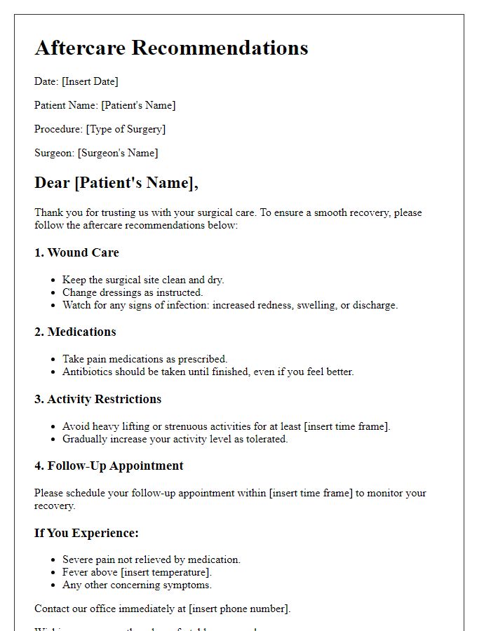 Letter template of aftercare recommendations for surgical patients