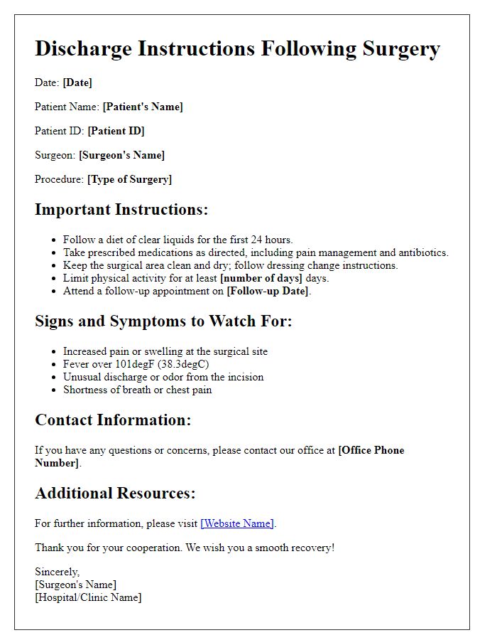 Letter template of discharge instructions following surgery