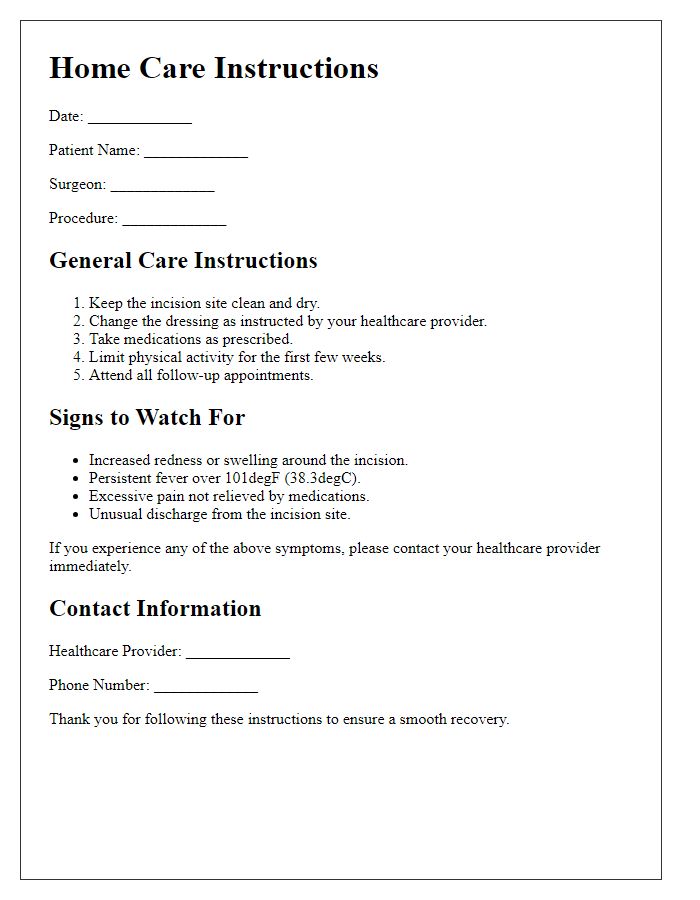 Letter template of home care instructions after surgery