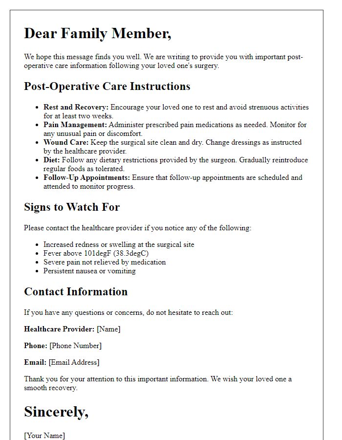 Letter template of important post-operative care information for families