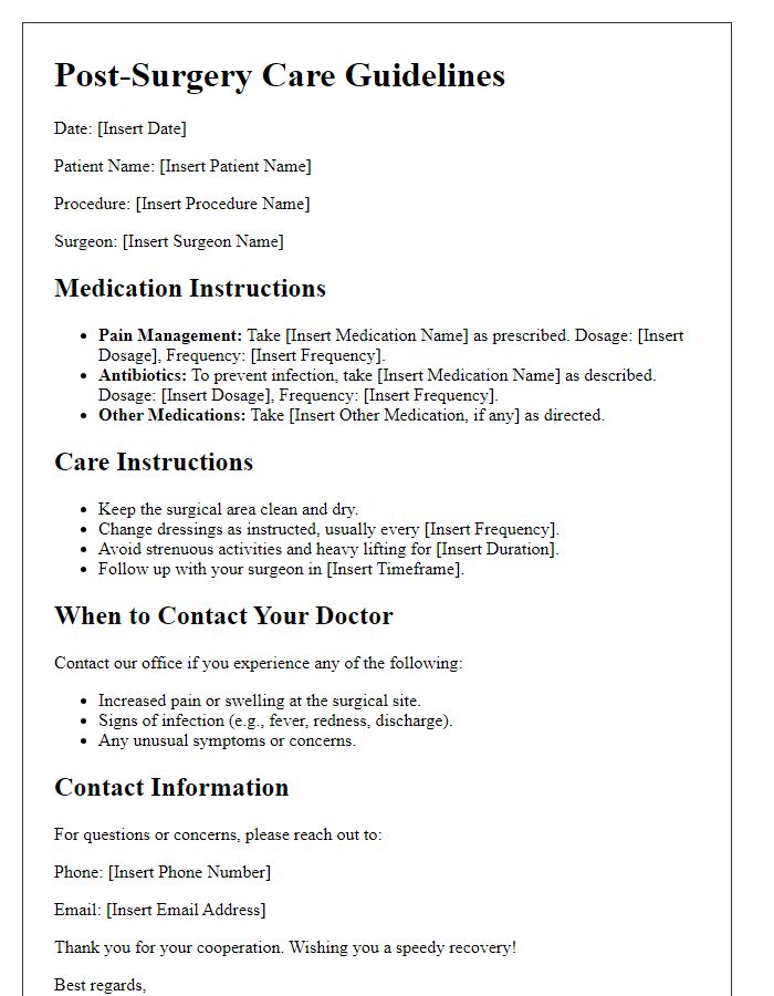 Letter template of medication and care guidelines post-surgery