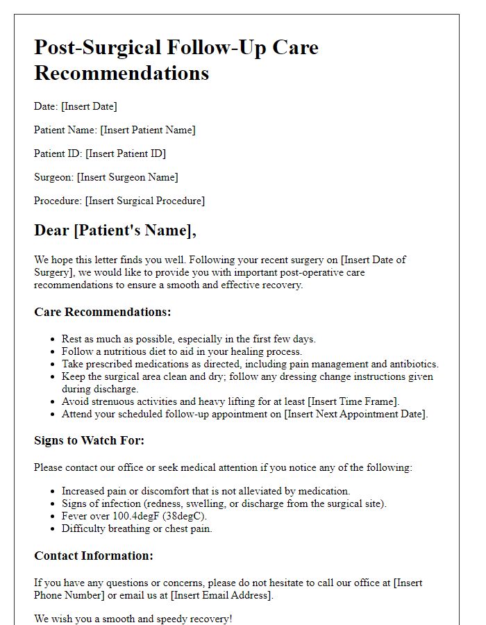 Letter template of post-surgical follow-up care recommendations