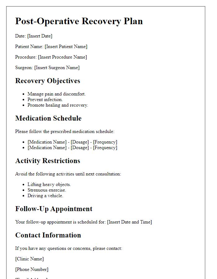 Letter template of recovery plan details for post-operative patients