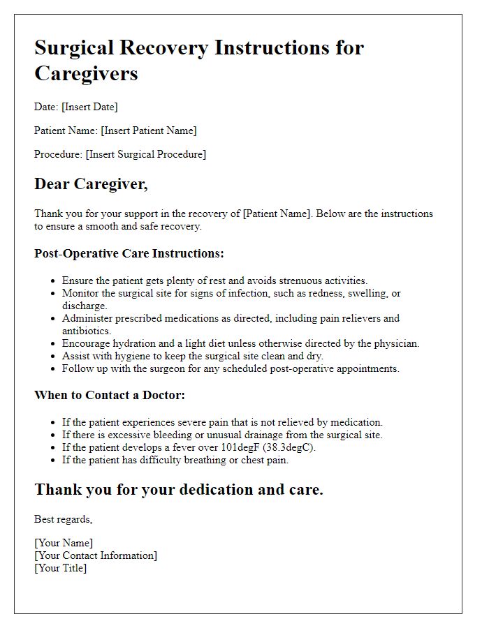 Letter template of surgical recovery instructions for caregivers