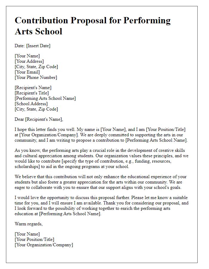 Letter template of contribution proposal for performing arts school.