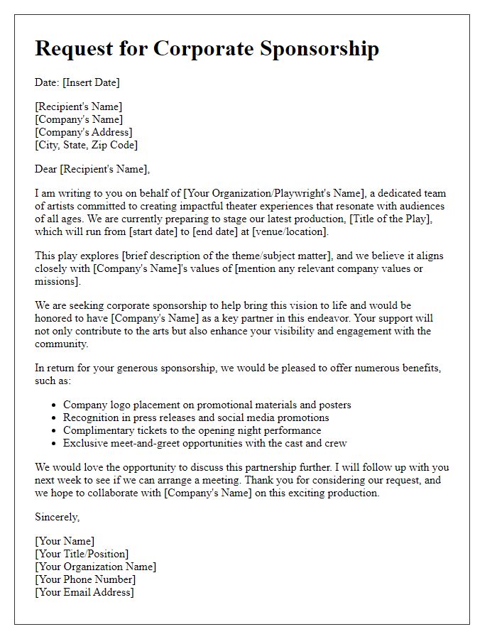 Letter template of corporate sponsorship request for playwright.