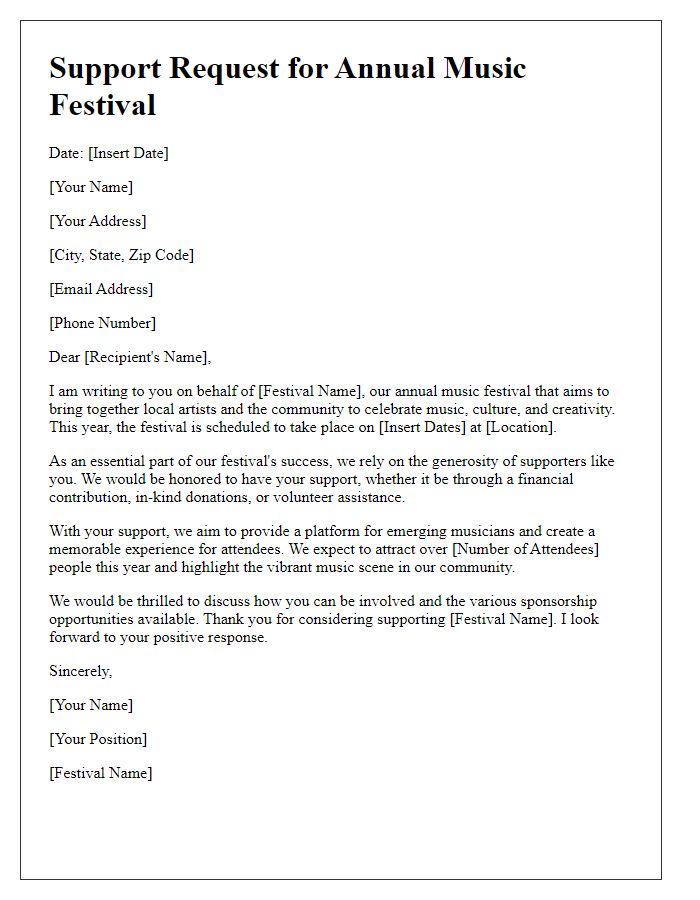 Letter template of support request for music festival.