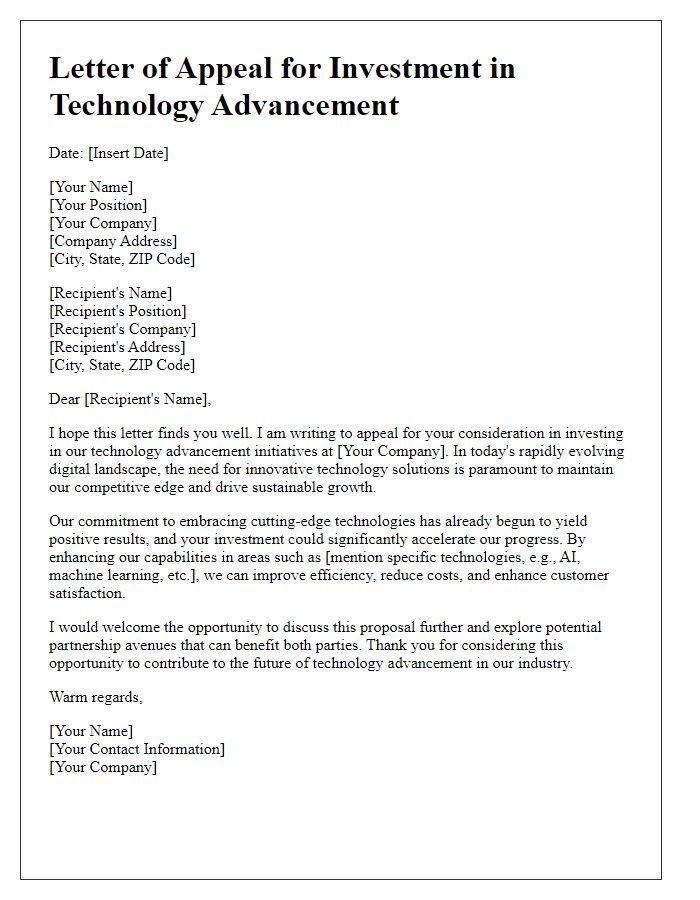 Letter template of appeal for investment in technology advancement