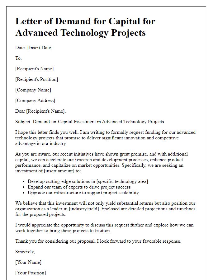 Letter template of demand for capital for advanced technology projects