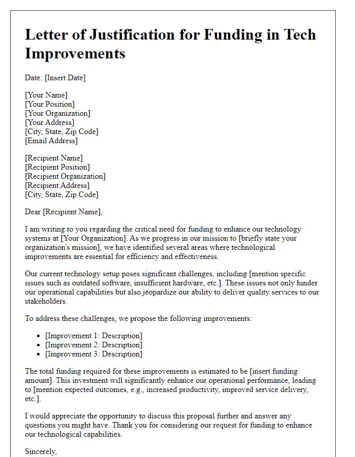 Letter template of justification for funding in tech improvements