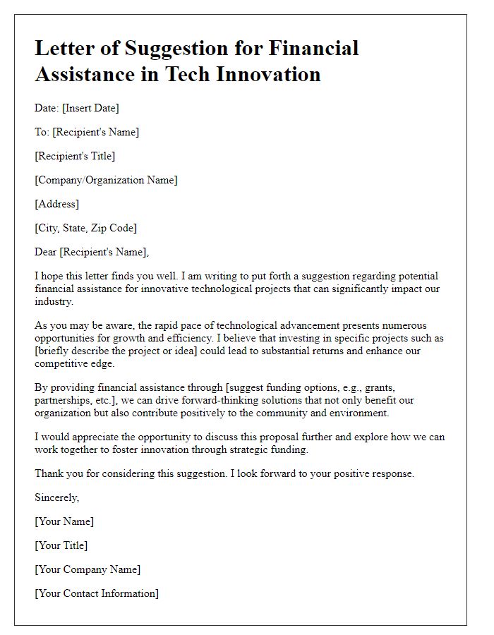 Letter template of suggestion for financial assistance in tech innovation