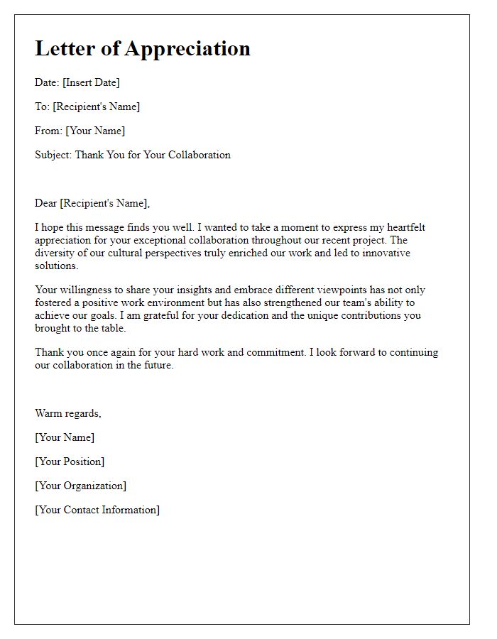 Letter template of appreciation for cross-cultural collaboration.