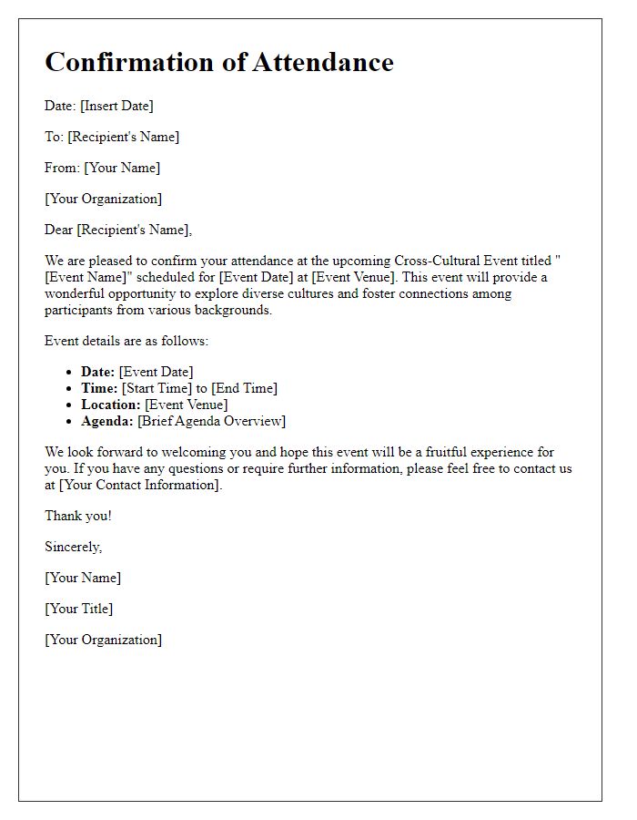 Letter template of confirmation for cross-cultural event attendance.