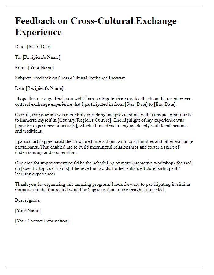 Letter template of feedback on cross-cultural exchange experience.