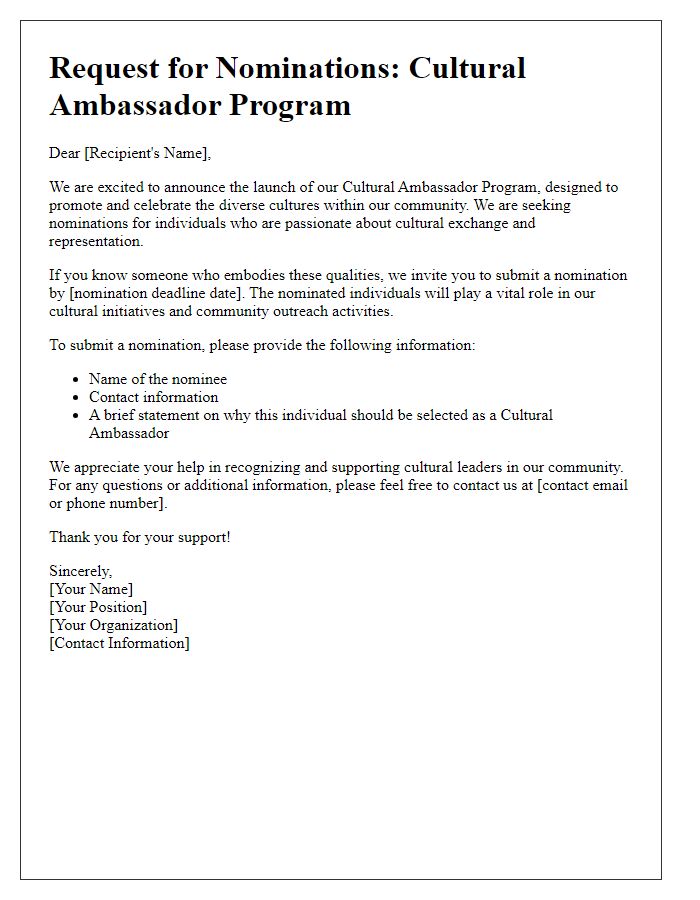 Letter template of request for cultural ambassador nominations.