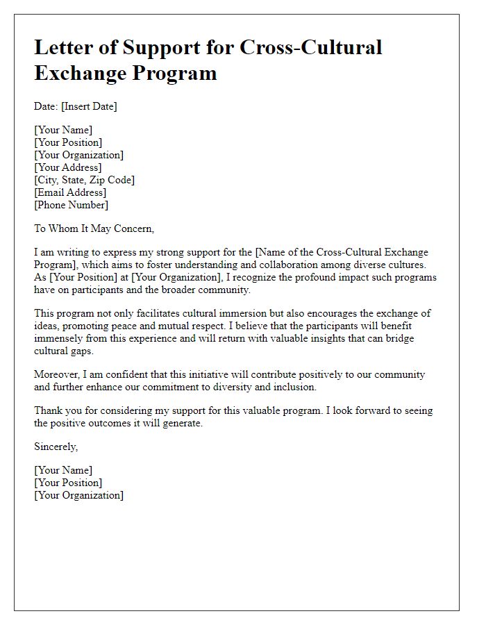 Letter template of support for cross-cultural exchange program.