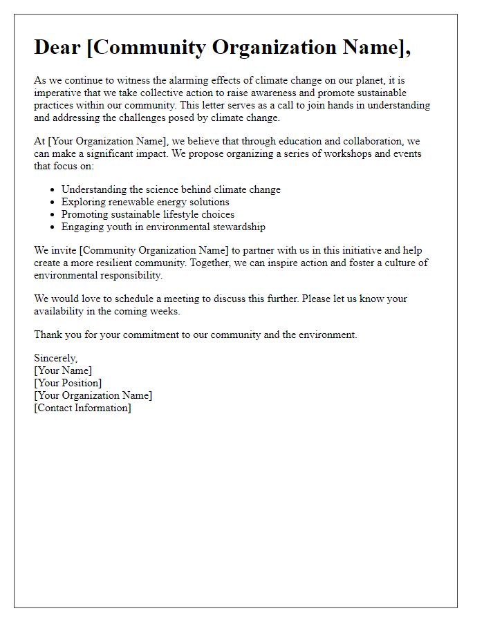 Letter template of climate change awareness for community organizations.