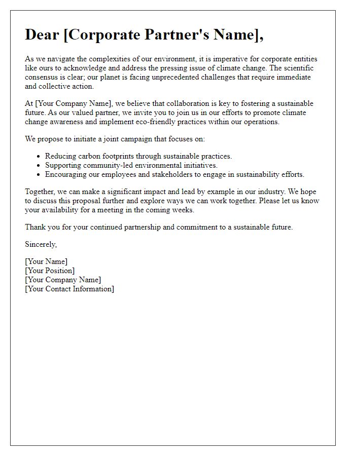 Letter template of climate change awareness for corporate partners.