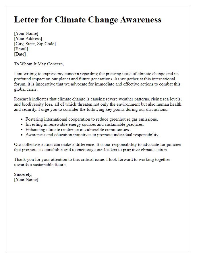 Letter template of climate change awareness for international forums.