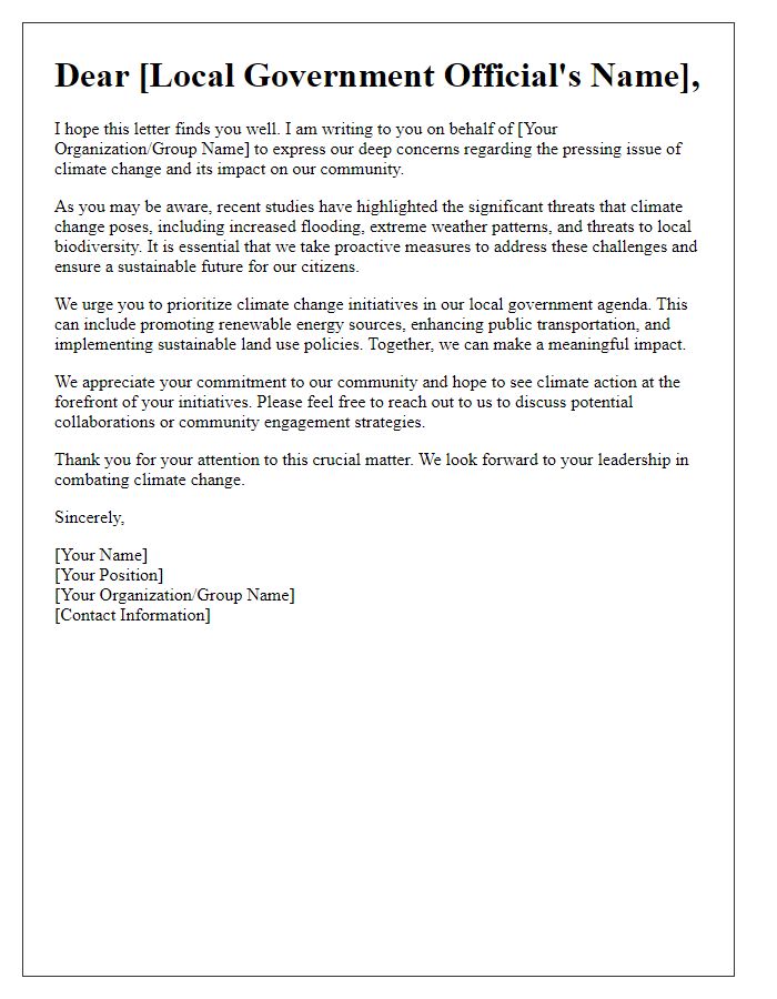 Letter template of climate change awareness for local government officials.