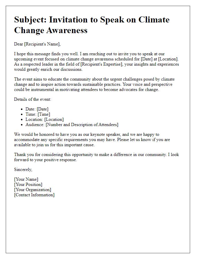 Letter template of climate change awareness for public speaking engagements.