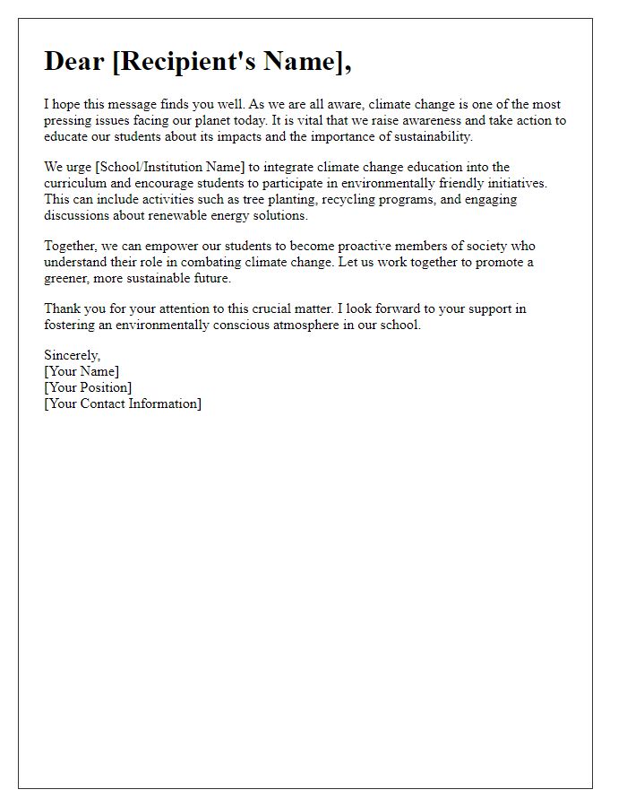 Letter template of climate change awareness for schools and educational institutions.