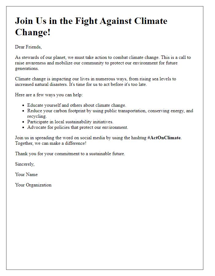 Letter template of climate change awareness for social media campaigns.