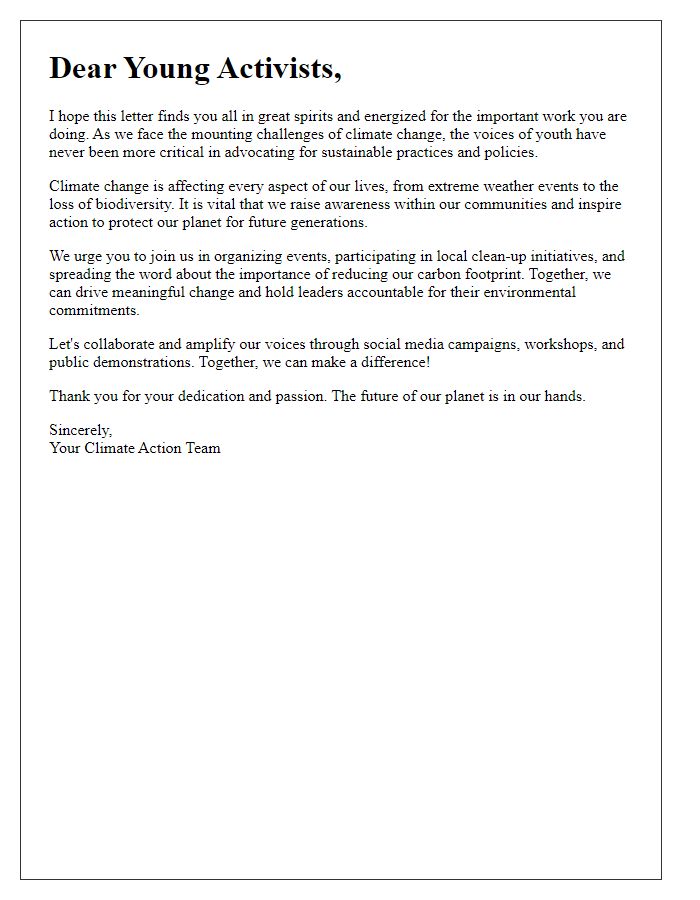 Letter template of climate change awareness for youth activism groups.