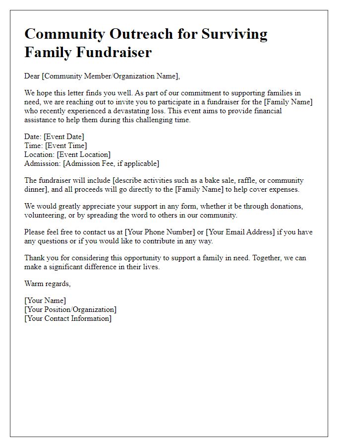 Letter template of community outreach for surviving family fundraiser.