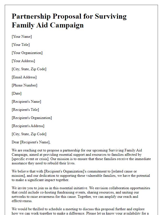 Letter template of partnership proposal for surviving family aid campaign.