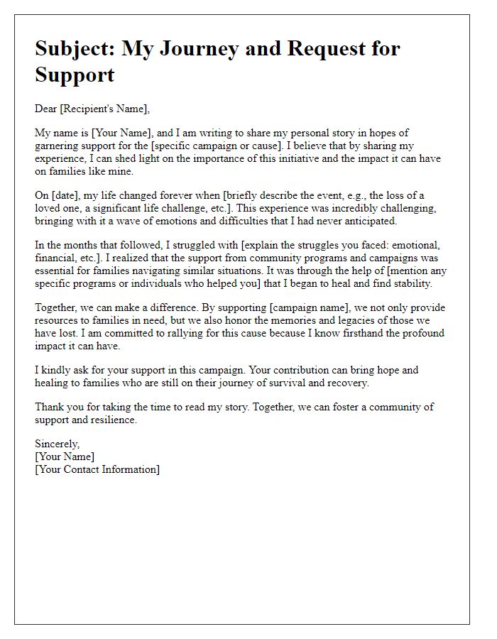 Letter template of personal story for surviving family assistance campaign.