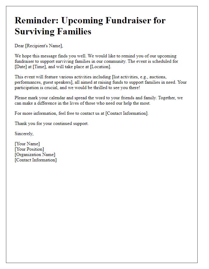 Letter template of reminder for upcoming surviving family fundraiser.