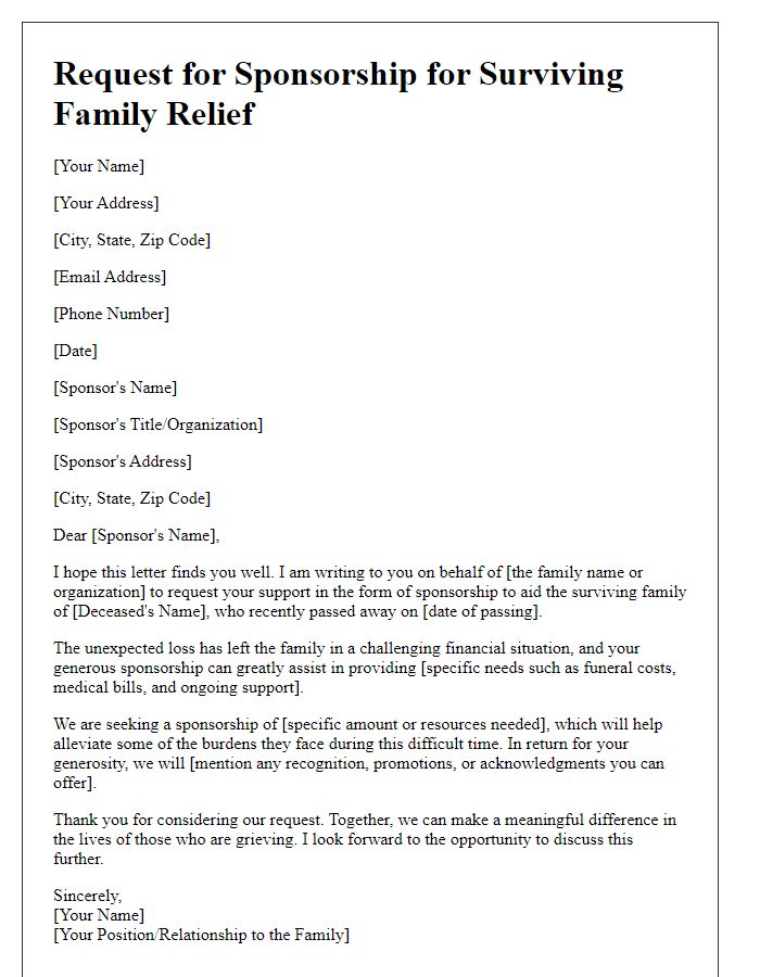 Letter template of request for sponsorship for surviving family relief.