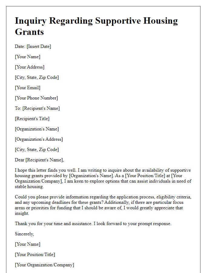 Letter template of inquiry regarding supportive housing grants