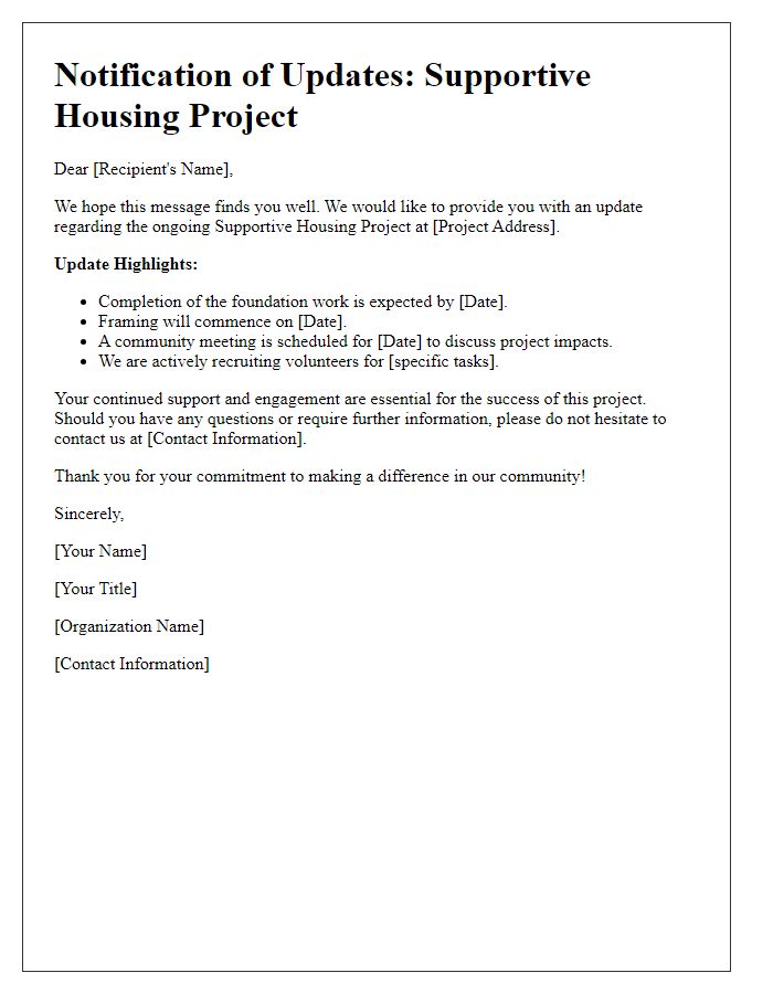 Letter template of notification for supportive housing project updates