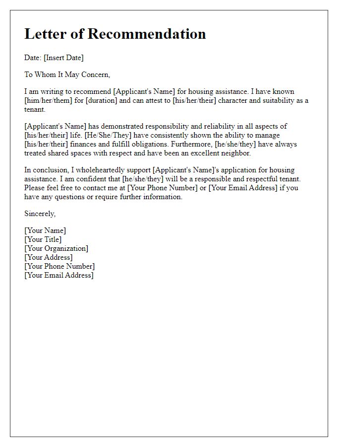 Letter template of recommendation for housing assistance applications