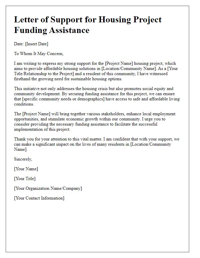 Letter template of support for housing project funding assistance