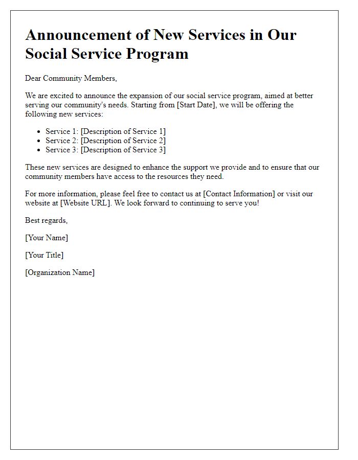 Letter template of announcement for new services in social service program expansion