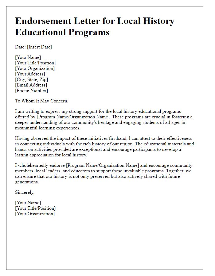 Letter template of endorsement for local history educational programs.