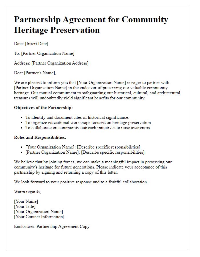 Letter template of partnership for community heritage preservation.