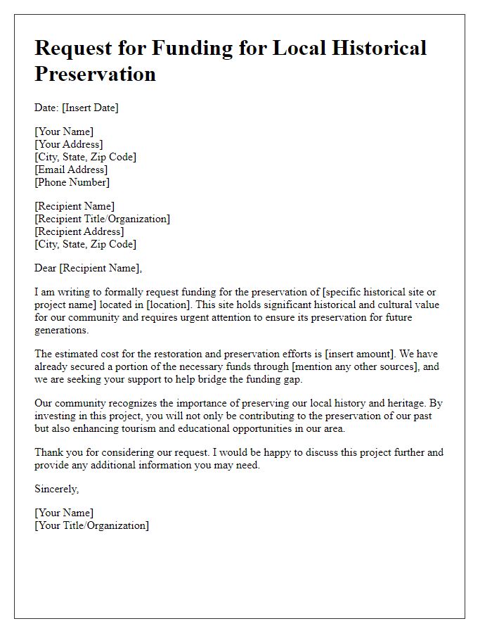 Letter template of request for funding local historical preservation.