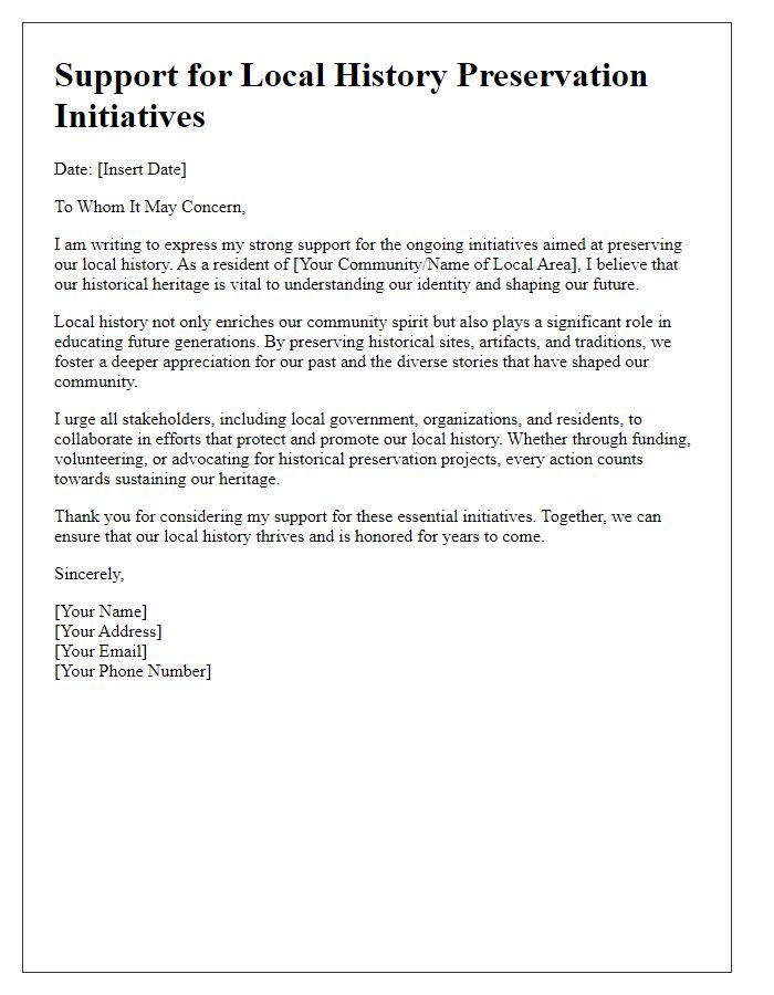 Letter template of support for local history preservation initiatives.