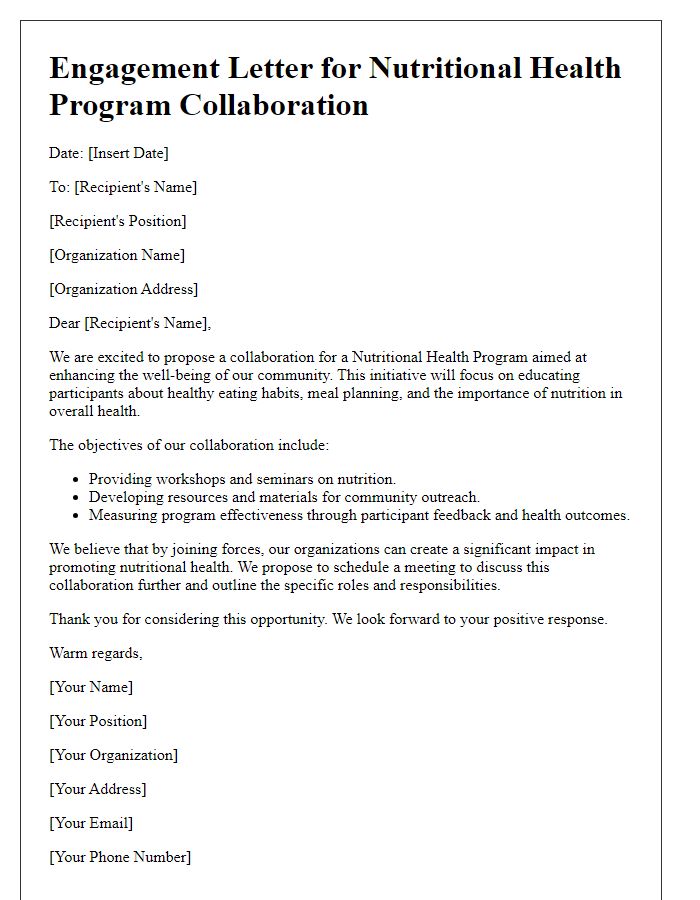 Letter template of engagement for nutritional health program collaboration