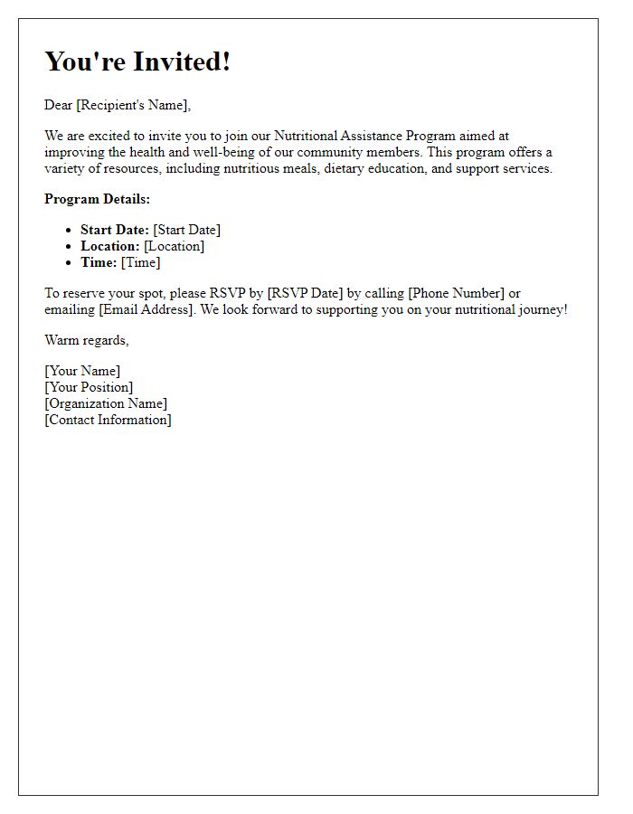 Letter template of invitation to join nutritional assistance program