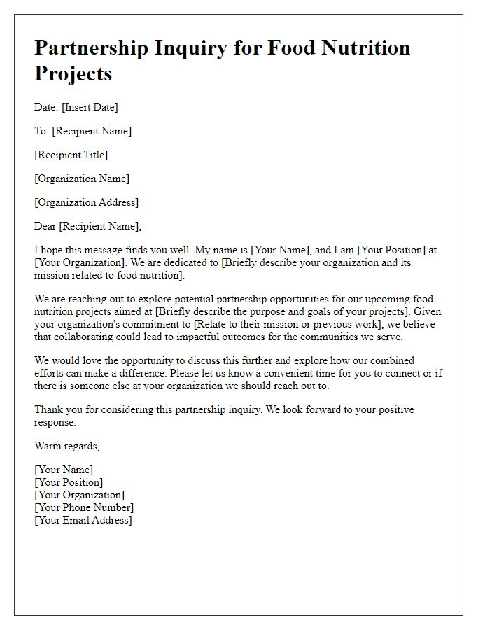 Letter template of partnership inquiry for food nutrition projects