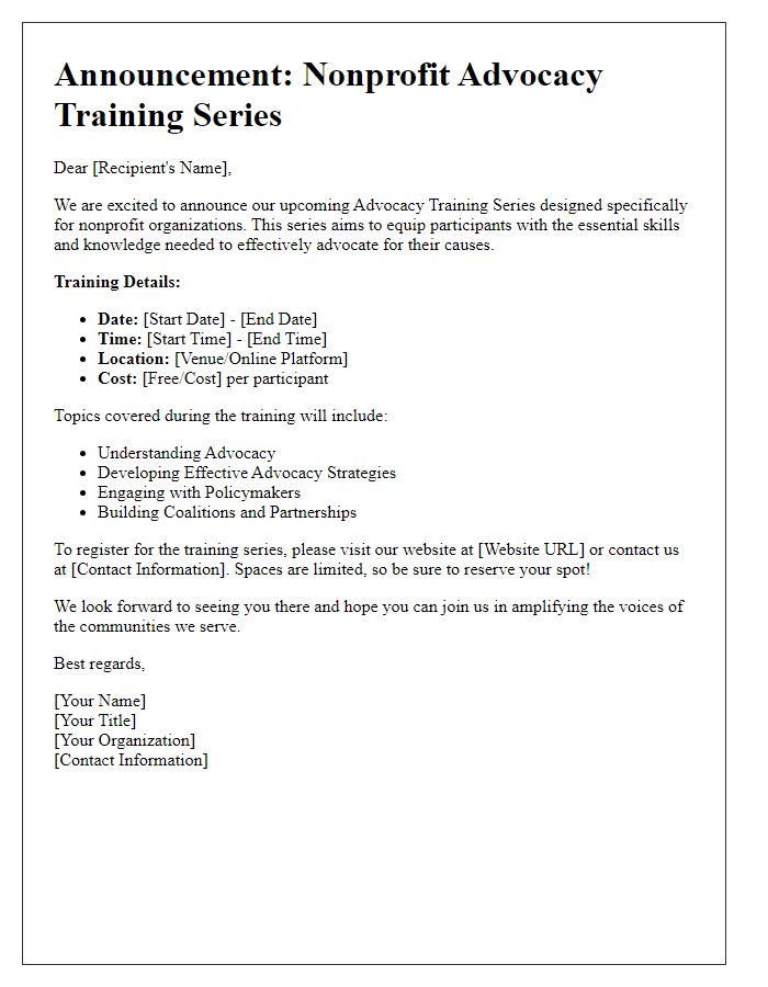 Letter template of announcement for nonprofit advocacy training series