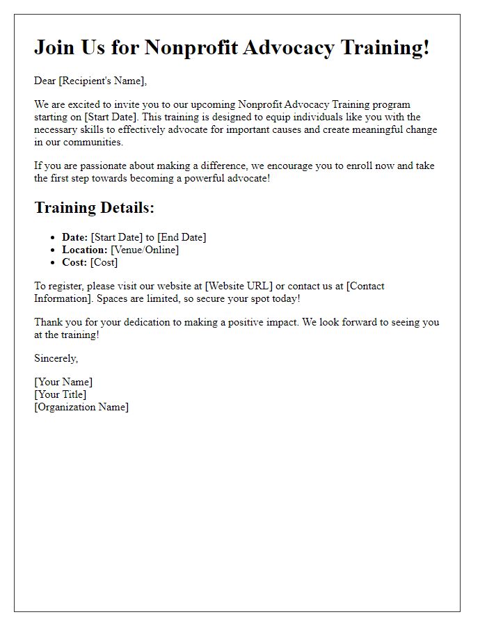 Letter template of call to action for nonprofit advocacy training enrollment