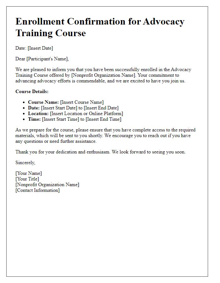 Letter template of enrollment for nonprofit advocacy training course