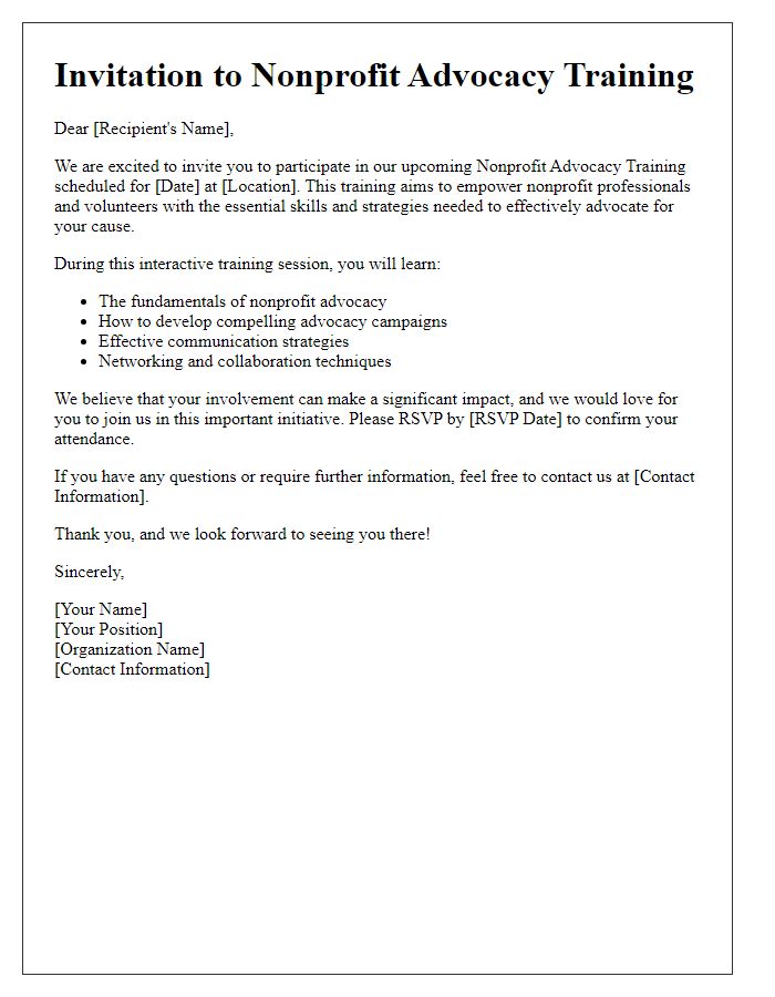 Letter template of invitation to engage in nonprofit advocacy training