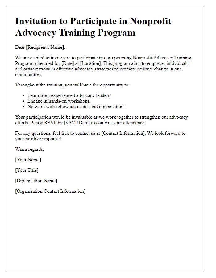 Letter template of participation invitation for nonprofit advocacy training program